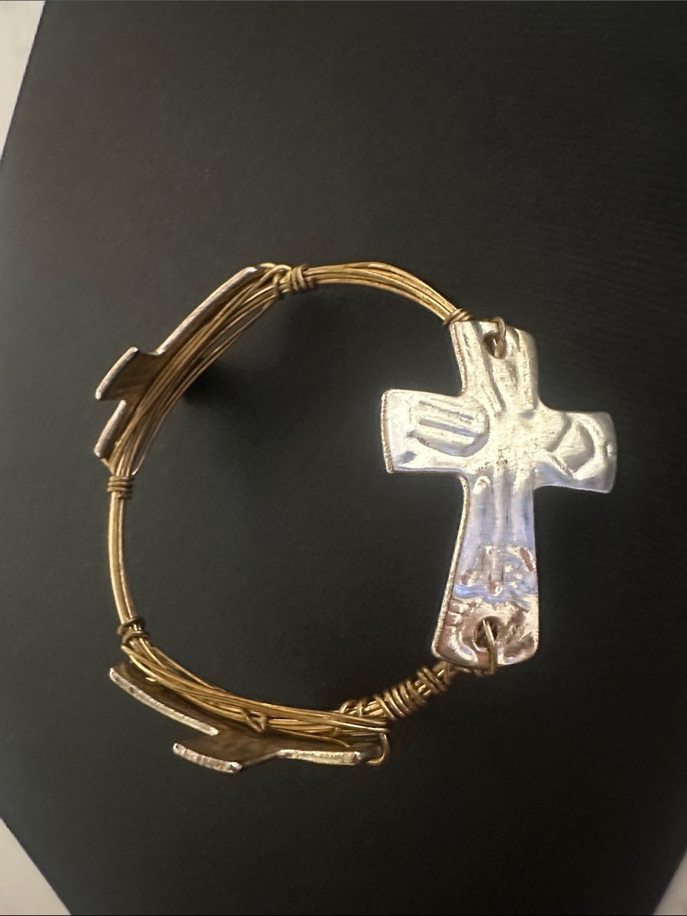 Handcrafted Gold-Tone Wire Bracelet with Cross Charm